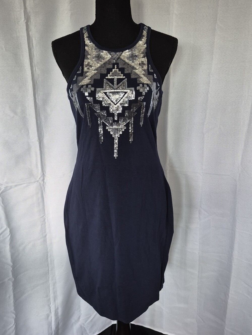 Express Navy Tank Mini Dress with Silver Sequin Geo Motif Size Medium